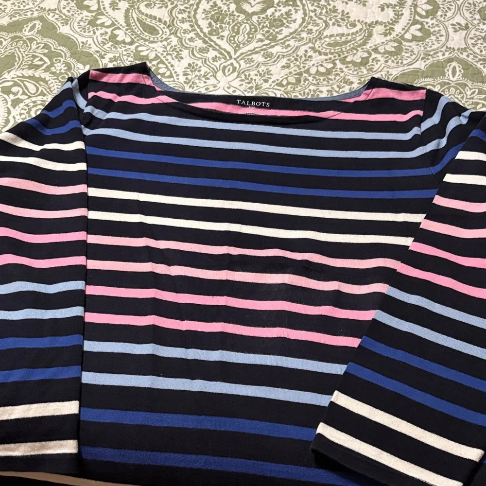 Talbots Navy Long Sleeve Stripe Top with Pink & Blue - Picture 1 of 5